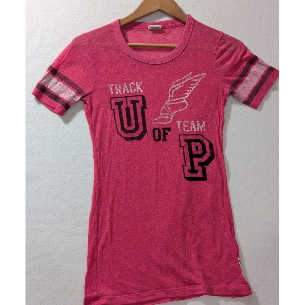 VS PINK Track U Team P Burnout Tee XS Pink Athletic Varsity‎ Graphic Shirt